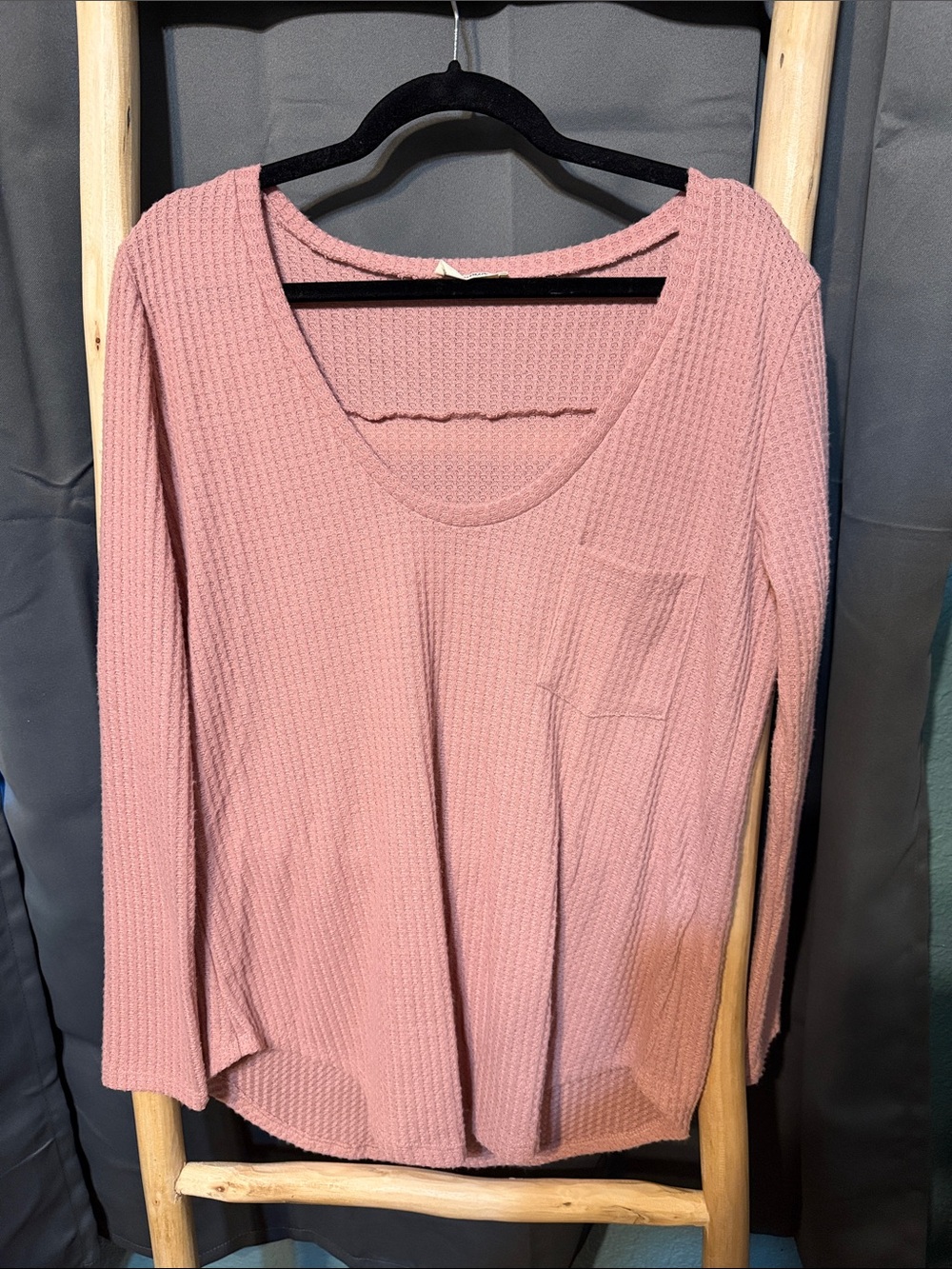 Everyday Scoop-Neck Waffle Knit Long Sleeve Top - Dusty Rose